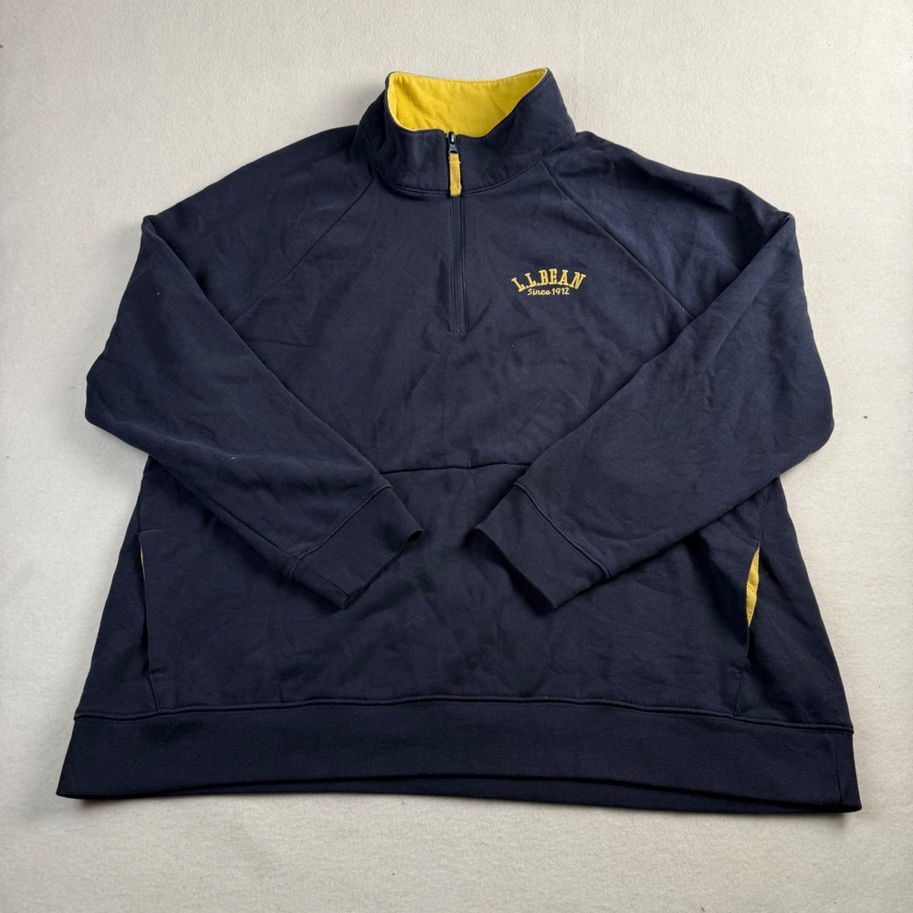 LL Bean Mens XL Navy Blue Yellow Quarter Zip Pullover Sweatshirt Logo Raglan